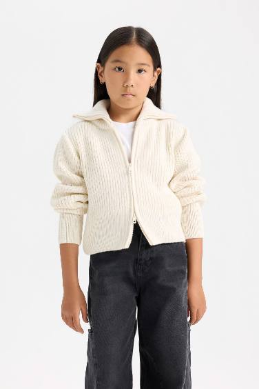 Girl Basic Standing Collar Zippered Knitwear Cardigan