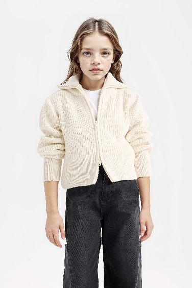 Kız Çocuk Basic Düz Dik Yaka Fermuarlı Triko Hırka