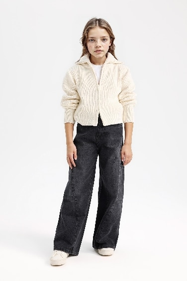 Kız Çocuk Basic Düz Dik Yaka Fermuarlı Triko Hırka