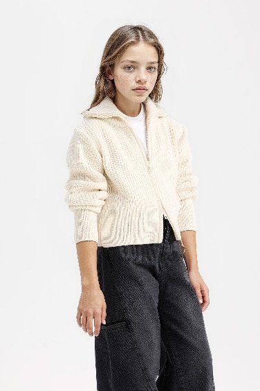 Kız Çocuk Basic Düz Dik Yaka Fermuarlı Triko Hırka