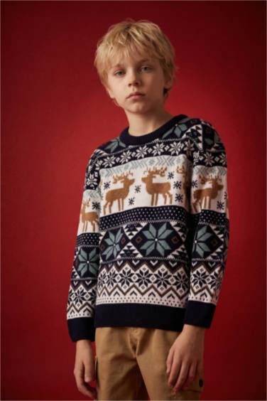 بلوفر اولادي تريكو قصة عادية برقبة مستديرة كحلي أكريليك