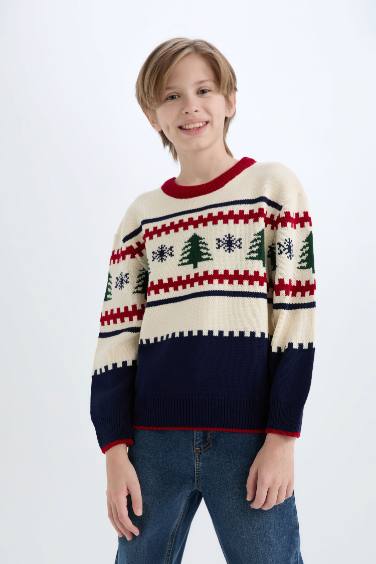 Boy Regular Fit Christmas Themed Crew Neck Knitted Pullover