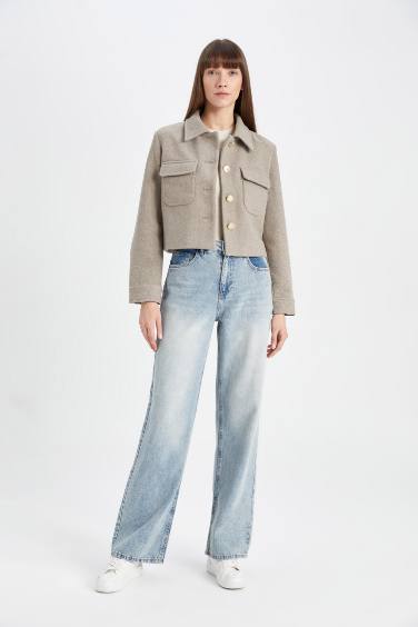 Kısa Kaşe Mont Regular Fit Polo Yaka Düğmeli Cepli Yünlü