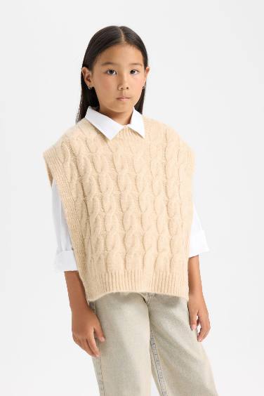 Girl Crew Neck Patterned Knit Vest