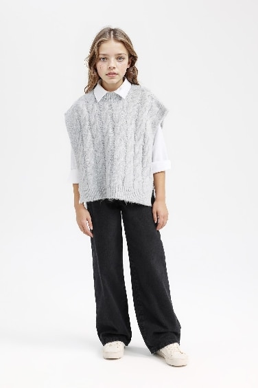 فيست بناتي تريكو رمادي برقبة مستديرة