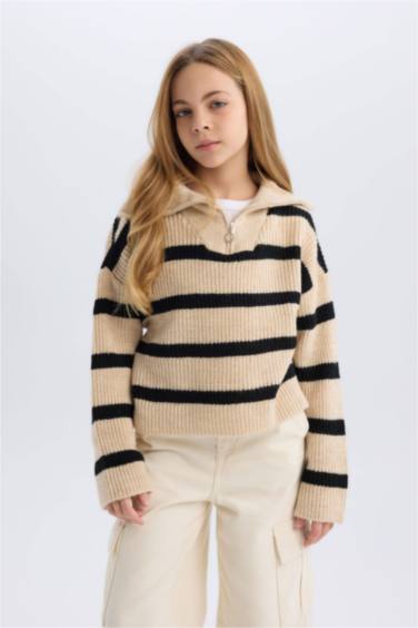 Pull en Tricot rayé à col montant zippé pour Fille