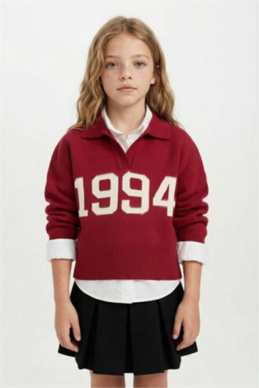 Pull en tricot rouge à Col Polo pour Fille