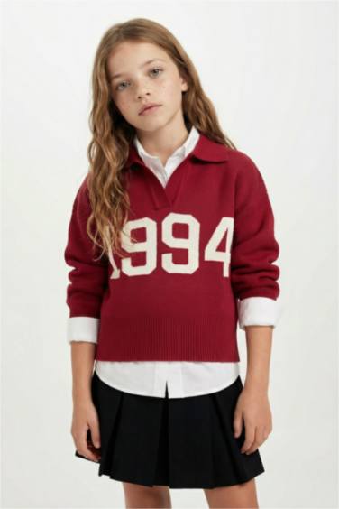 Pull en tricot rouge à Col Polo pour Fille