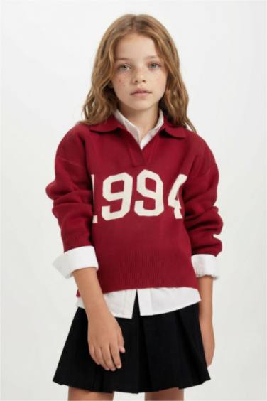 Pull en tricot rouge à Col Polo pour Fille