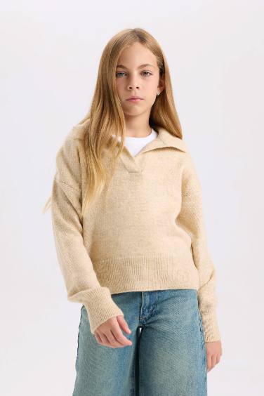 Pull en maille slim basique à col polo pour Fille