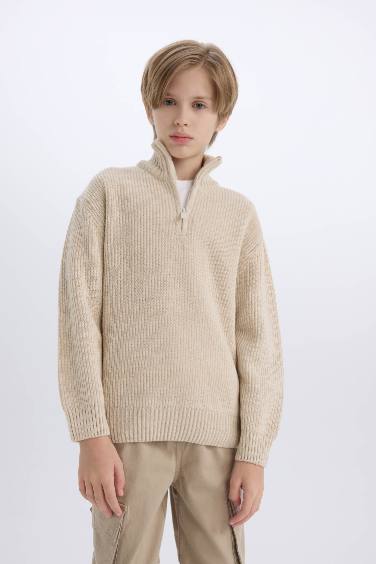 Boy Regular Fit Zip-Up Turtle Neck Pullover