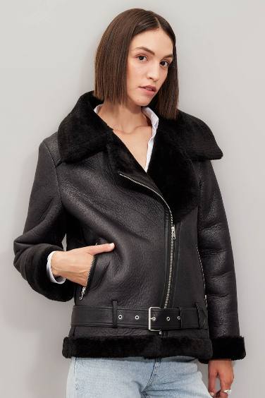 Zipper Closure Belted Seasonal Plush Lined Jacket