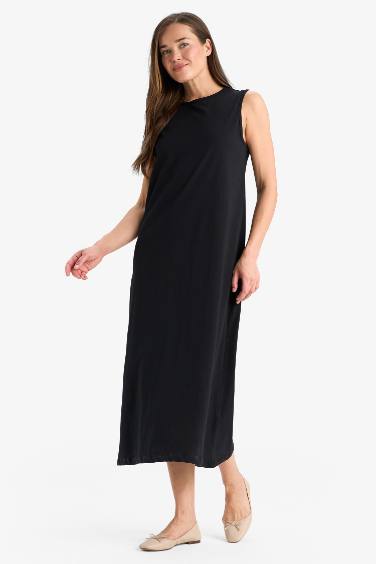 Regular Fit Bisiklet Yaka Basic Düz Penye Kolsuz Midi Elbise