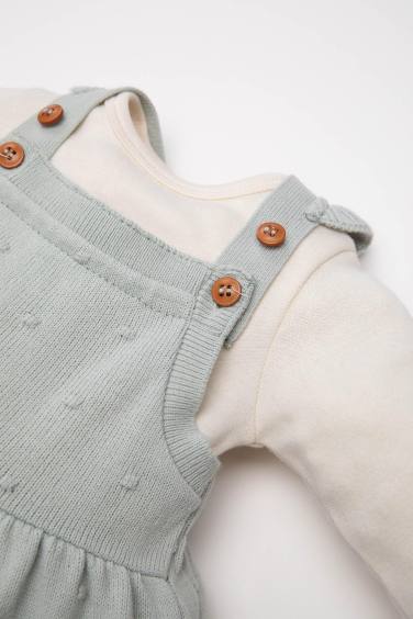 Kız Bebek 2'li Takım Yarım Balıkçı Yaka Uzun Kollu Tişört Salopet Elbise