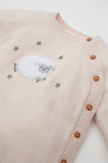 Kız Bebek 2'li Takım Kuzu Nakışlı Düğmeli Uzun Kollu Kazak Beli Lastikli Çizgili Triko Alt