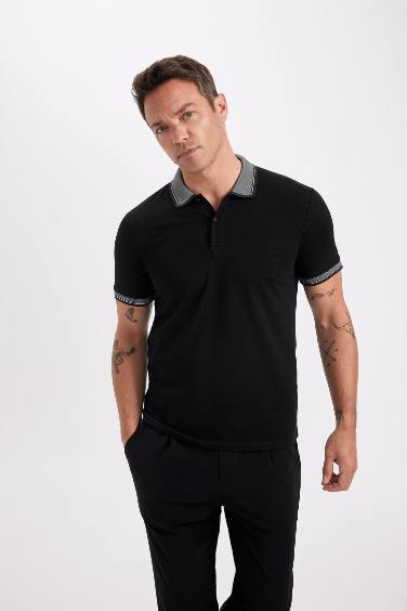 Slim Fit Kıvrılmaz Polo Yaka Kol Bantlı Pamuklu Tişört