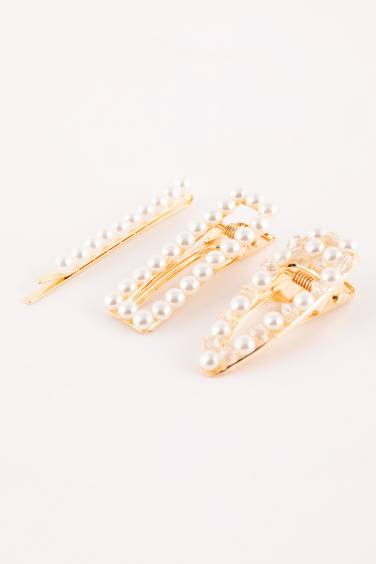 Woman 3 Piece Pearl Detailed Gold Latch Buckle Clips