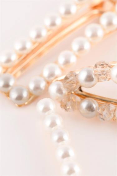 Woman 3 Piece Pearl Detailed Gold Latch Buckle Clips