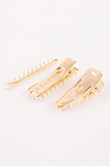 Woman 3 Piece Pearl Detailed Gold Latch Buckle Clips