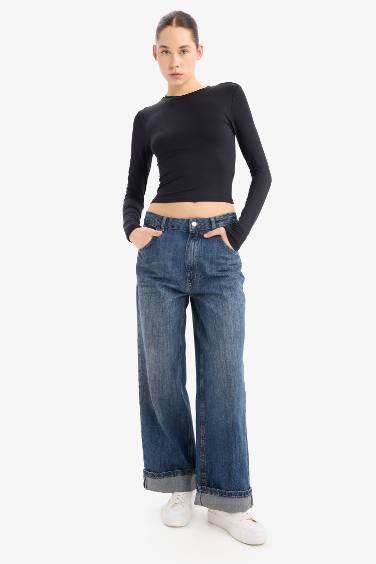 Fitted Vücuda Oturan Bisiklet Yaka Basic Düz Uzun Kollu Tişört