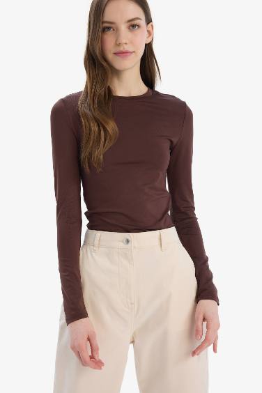 Fitted Bisiklet Yaka Basic Düz Uzun Kollu Tişört