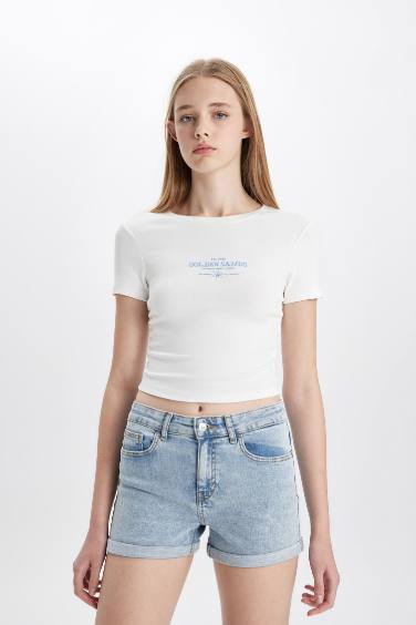 T-Shirt Slim à Manches Courtes Col Rond Imprimé en Ribana