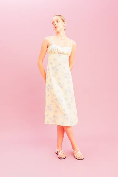 A-Line Floral Linen Strap Midi Dress