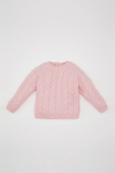 Baby Girl Light Pink Crew Neck Knitted Patterned Pullover