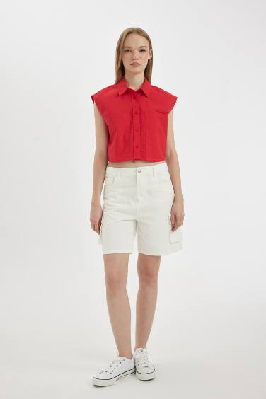 Oversize Fit Flamed Cotton Sleeveless Shirt