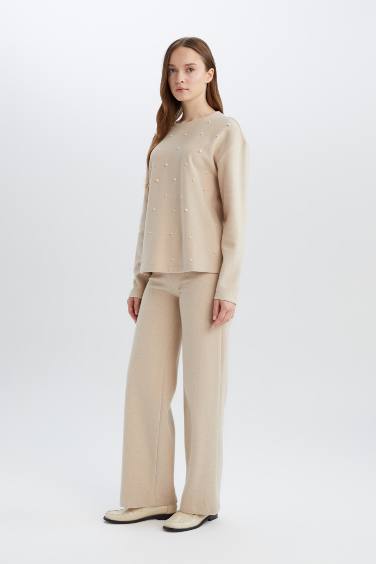 Wide Leg Regular Hem Thessaloniki Fabric Trousers