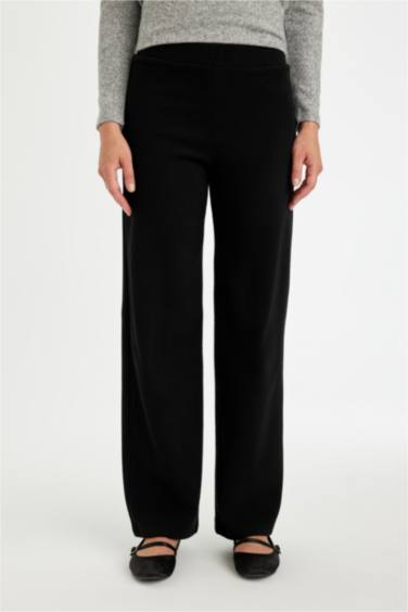 Siyah Triko Pantolon Wide Leg Geniş Bol Paça Selanik Kumaş Basic Düz