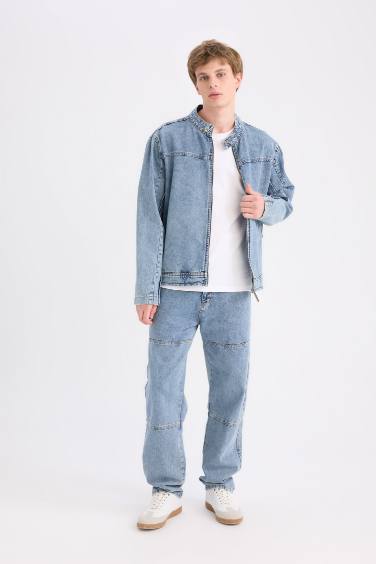 %100 Pamuk Kolej Yaka Fermuarlı Cepli Denim Ceket