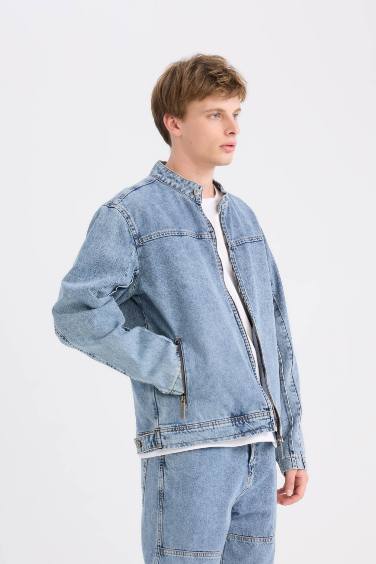 %100 Pamuk Kolej Yaka Fermuarlı Cepli Denim Ceket