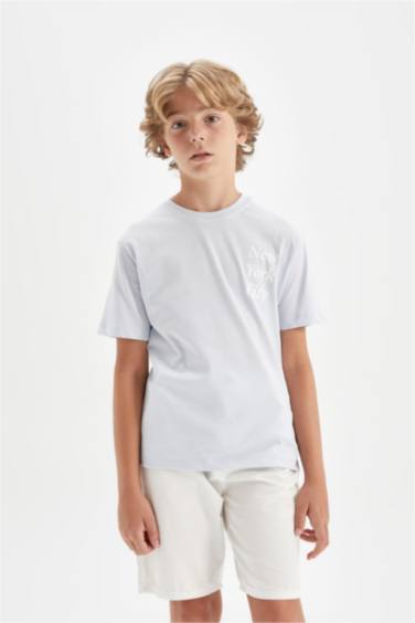 تيشيرت اولادي نص كم مطبوع قصة عادية برقبة مستديرة أزرق فاتح