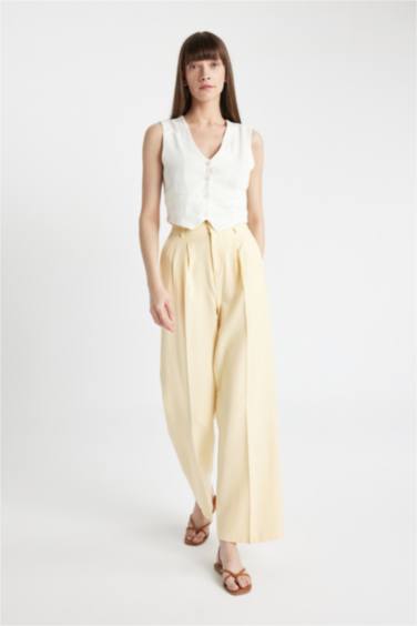 Keten Karışımlı Pantolon Wide Leg Cepli Geniş Bol Paça Pileli Yüksek Bel Basic Düz Standart Boy