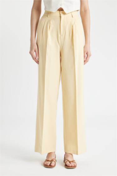 Keten Karışımlı Pantolon Wide Leg Cepli Geniş Bol Paça Pileli Yüksek Bel Basic Düz Standart Boy