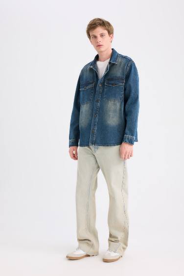 %100 Pamuk Relax Fit Uzun Kollu Cepli Jean Gömlek Ceket