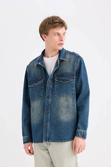 %100 Pamuk Relax Fit Uzun Kollu Cepli Jean Gömlek Ceket