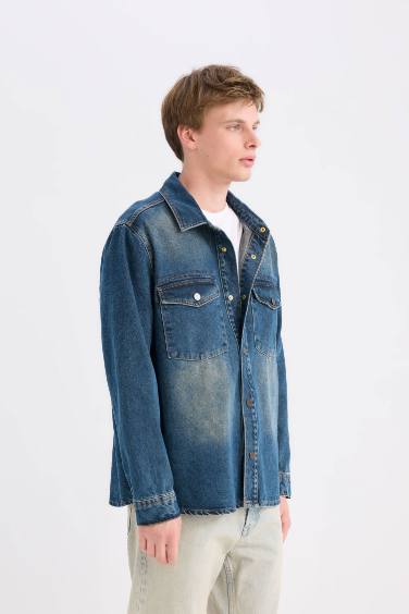 %100 Pamuk Relax Fit Uzun Kollu Cepli Jean Gömlek Ceket