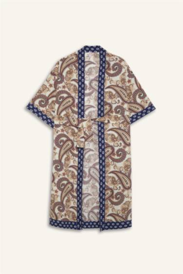 Fall in Love Regular Fit Belted Ethnic Patterned Cotton Kimono