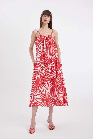 فستان ميدي مطبوع ممزوج بالكتان وياخة قميص