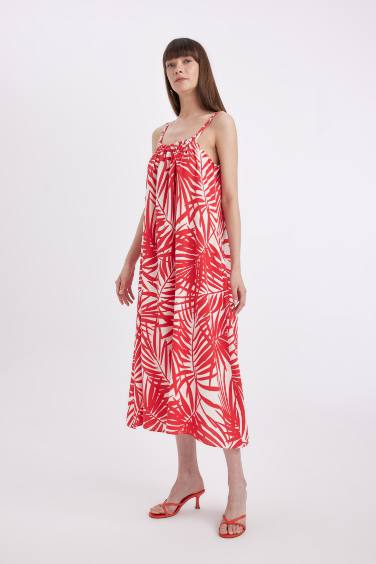 فستان ميدي مطبوع ممزوج بالكتان وياخة قميص