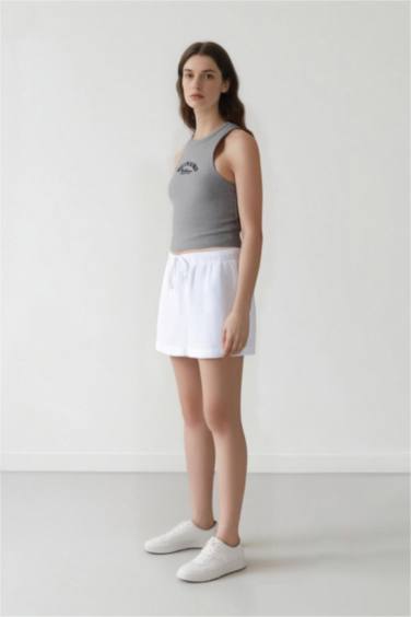 %100 Pamuk Relax Fıt Yüksek Bel Kısa Paça Beyaz Müslin Şort - Görsel 4