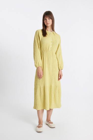 Relax Fit Crew Neck Muslin Long Sleeve Dress