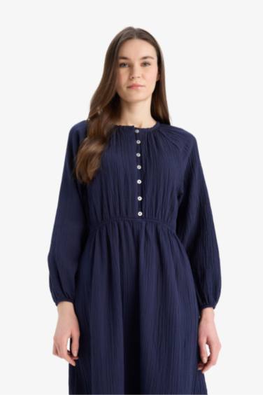 فستان طويل موسلين كم طويل قصة مريحة بياقة مستديرة