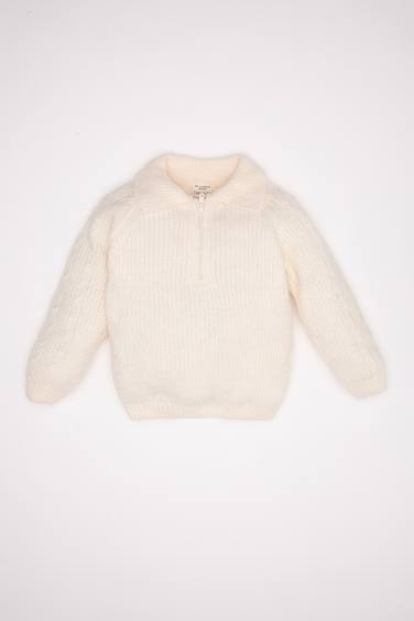 Baby Girl Beige Large Collar Zippered Knitted Pullover