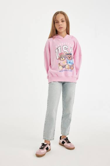 Girl Oversize Fit Hooded Bear Printed Sweatshirt
