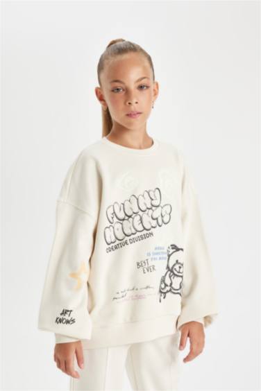 Oversize Geniş Kalıp Bisiklet Yaka Ayıcık Baskılı Sweatshirt Kız Çocuk