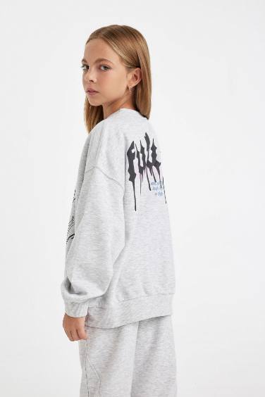 Kız Çocuk Gri Oversize Geniş Kalıp Bisiklet Yaka Sırt Baskılı Sweatshirt