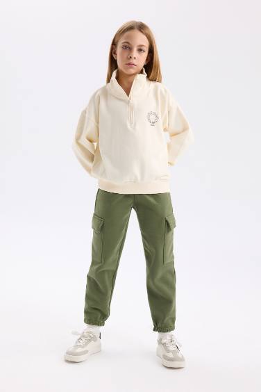 Kız Çocuk Relax Fit Dik Yaka Yarım Fermuarlı Baskılı Sweatshirt